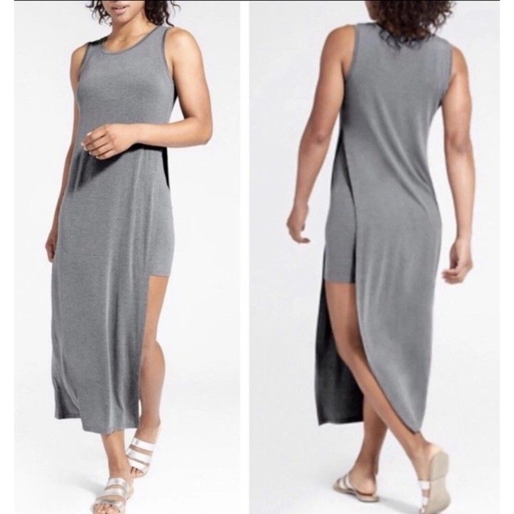Athleta Gaia Layered Maxi Dress M Heather Gray Lounge Yoga Side Slit Sleeveless